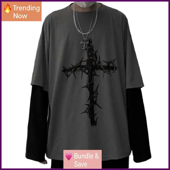 Gothic Long Sleeve Tee Thorn Cross Print Punk Streetwear Unisex - Picture 2 of 7